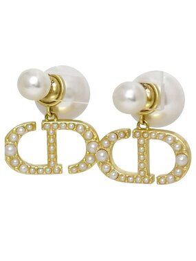 Dior Logo Earrings Faux Pearl CD Metal Gold